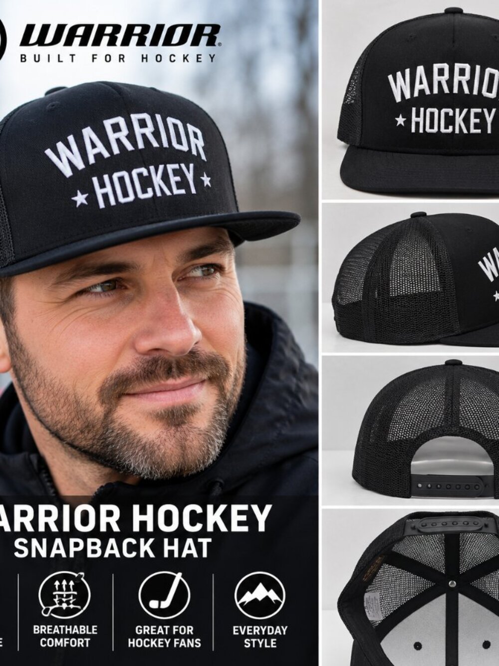 🏒🔥 WARRIOR HOCKEY SNAPBACK HAT – BLACK – ONE SIZE 🔥🏒